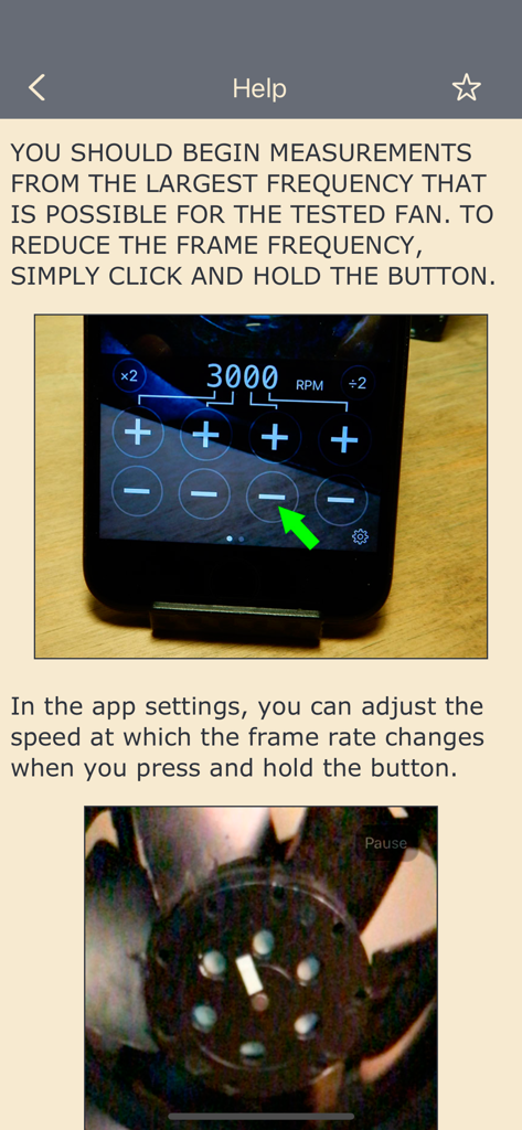Video tachometer for business - Help guide for Video tachometer for business showing RPM controls and fan measurement