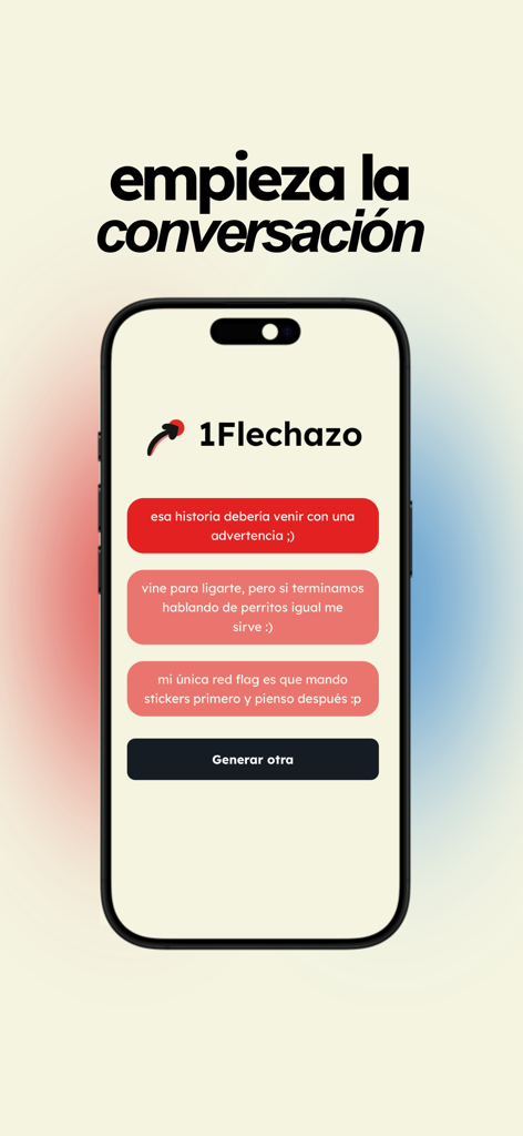 1Flechazo - 1Flechazo 앱 인터페이스, 데이트 앱을 위한 AI 생성 대화 시작 도구 표시