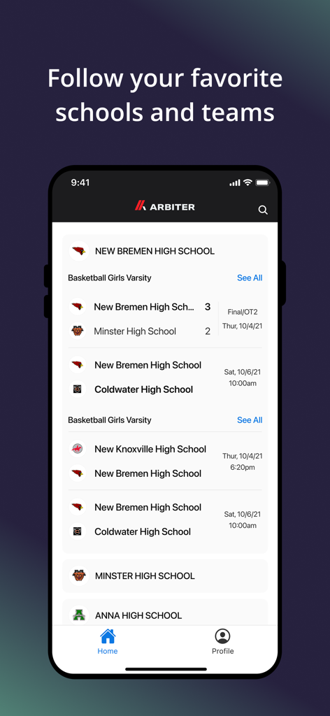 Arbiter - Arbiter app interface showing high school sports schedules and scores