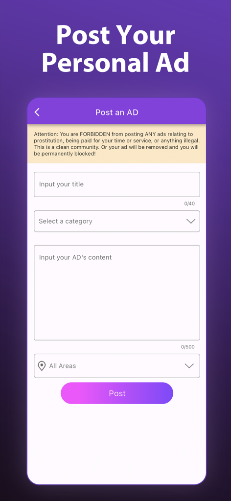 Interface for posting a personal ad on the Pernals dating app with fields for title and category