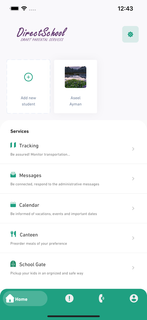 DirectSchool - DirectSchool app dashboard showing student profiles and school services like tracking, messages, and calendar