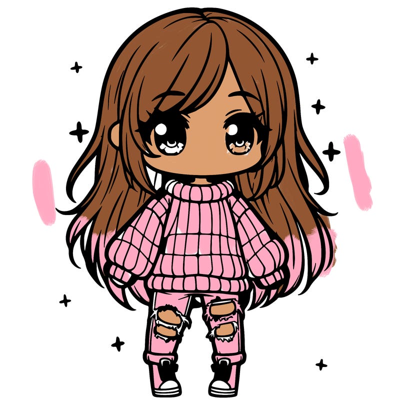 chibi girl with ripped jeans,long hair, and an oversized sweater