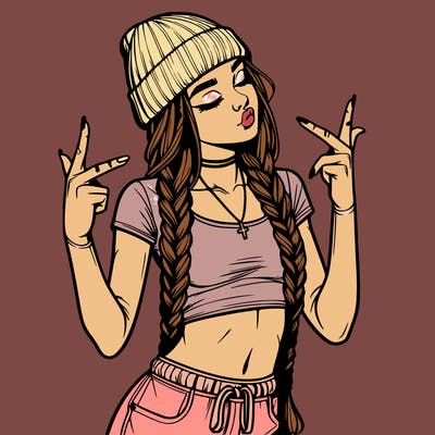 realistic teenage girl with braids and a beanie and crop top doing 🫶🏼