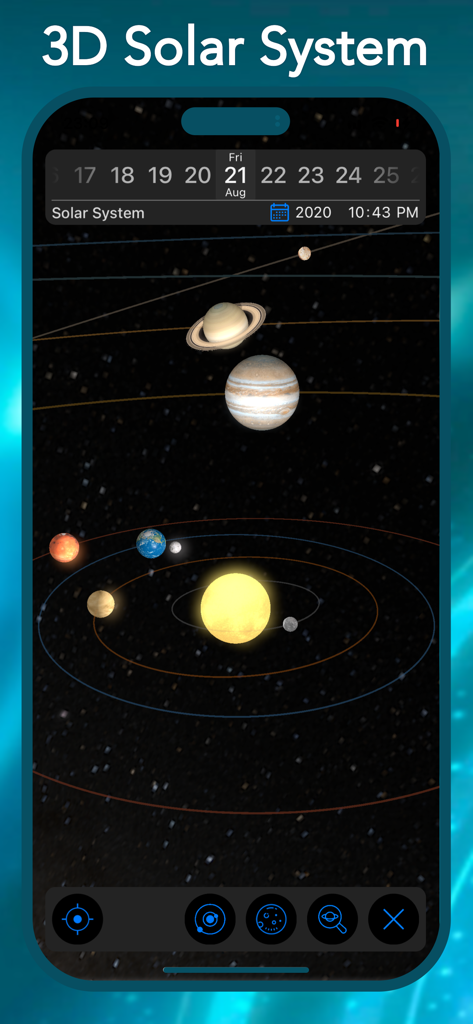 Astro Future - Daily Horoscope - 太陽の周りを回る惑星を表示したAstro Futureアプリの3D太陽系ビュー