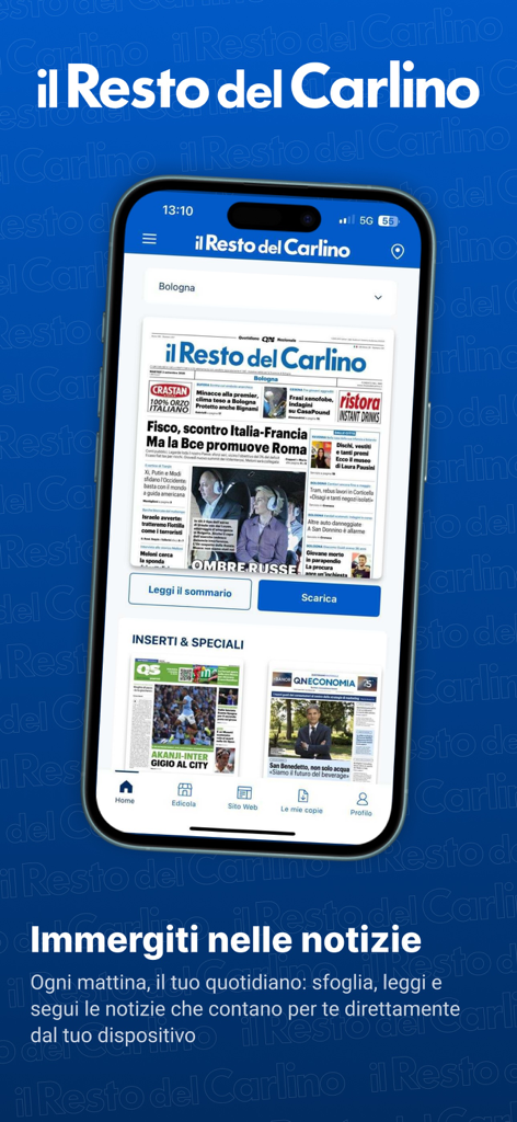 Smartphone exibindo o aplicativo de jornal digital il Resto del Carlino com notícias locais de Bolonha