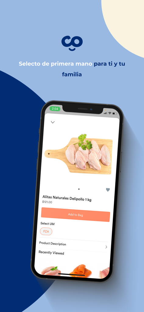 CONVY – Tu super de proteínas - CONVYモバイルアプリのインターフェース。1キログラムのナチュラルチキンウィングの製品リストと、カートに追加ボタンが表示されています。