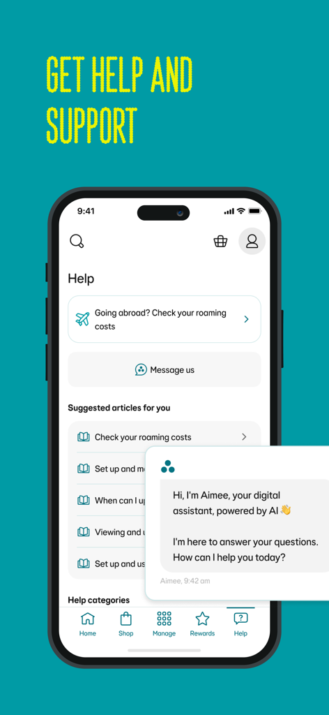 EE mobile app help screen with digital assistant Aimee and support articles