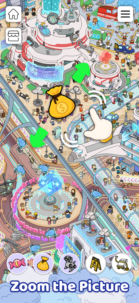 Uma captura de tela de Objetos Escondidos - Encontre mostrando um mapa de cidade futurista e a mecânica de gesto de pinçar para dar zoom