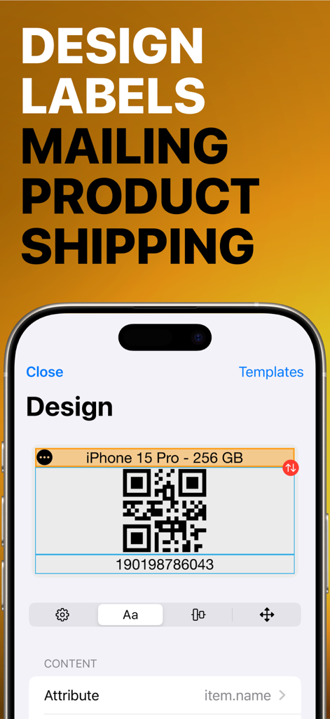 Label Maker - Print Master Pro - Bildschirm für das mobile Design von professionellen Produkt- und Versandetiketten mit QR-Codes