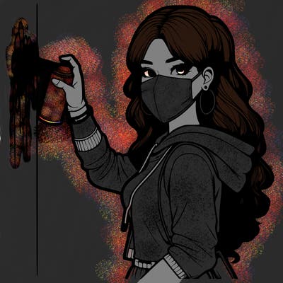 realistic girl with mask spray painting a wall