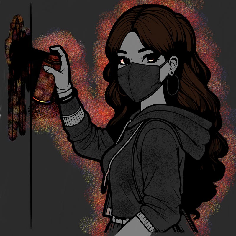 realistic girl with mask spray painting a wall