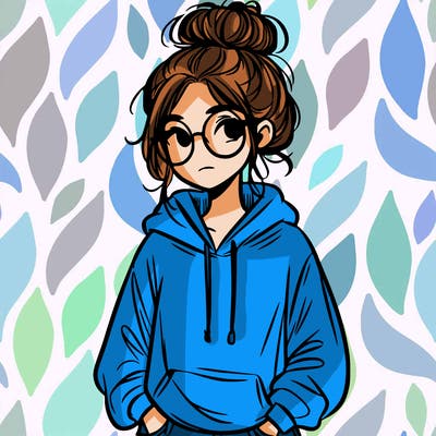 teen girl with a messy bun and glasses wearing a loose hoodie and jeans
