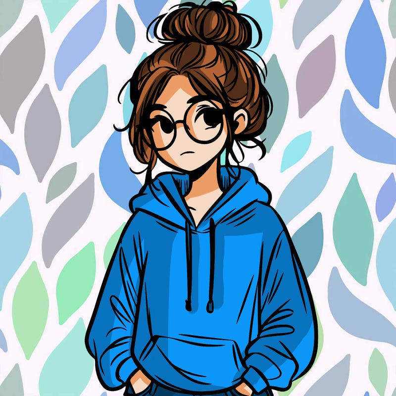 teen girl with a messy bun and glasses wearing a loose hoodie and jeans