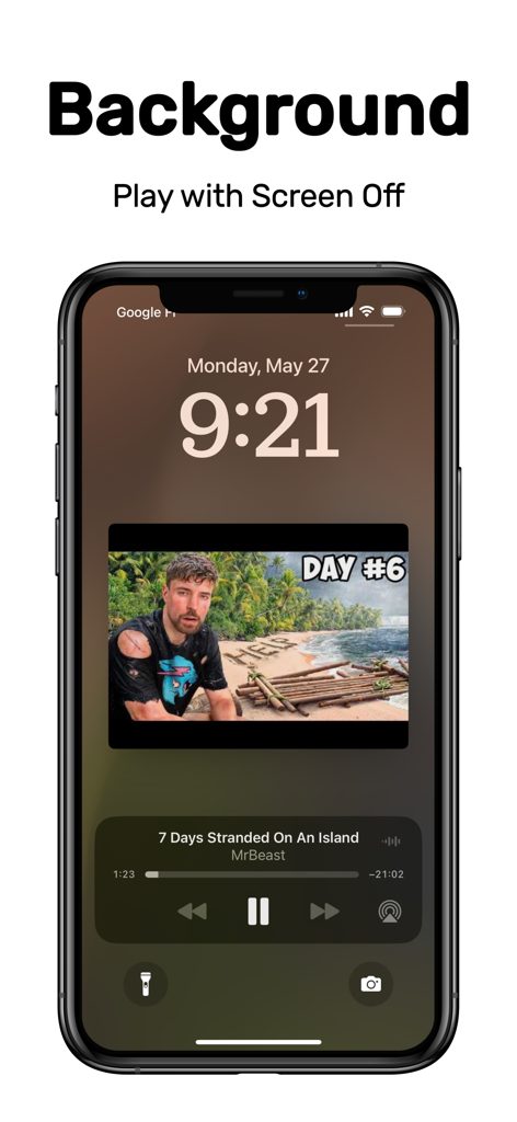 iPhone lock screen showing the background play feature of the Viddle video browser app