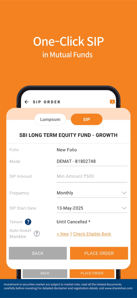 Mirae Asset Sharekhan App - Screenshot of the Mirae Asset Sharekhan app showing a one-click SIP order form for mutual funds