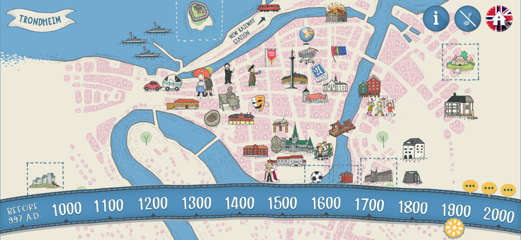 Time Travel Trondheim - An illustrated interactive map of Trondheim showing historical landmarks and a timeline from 997 AD to 2000
