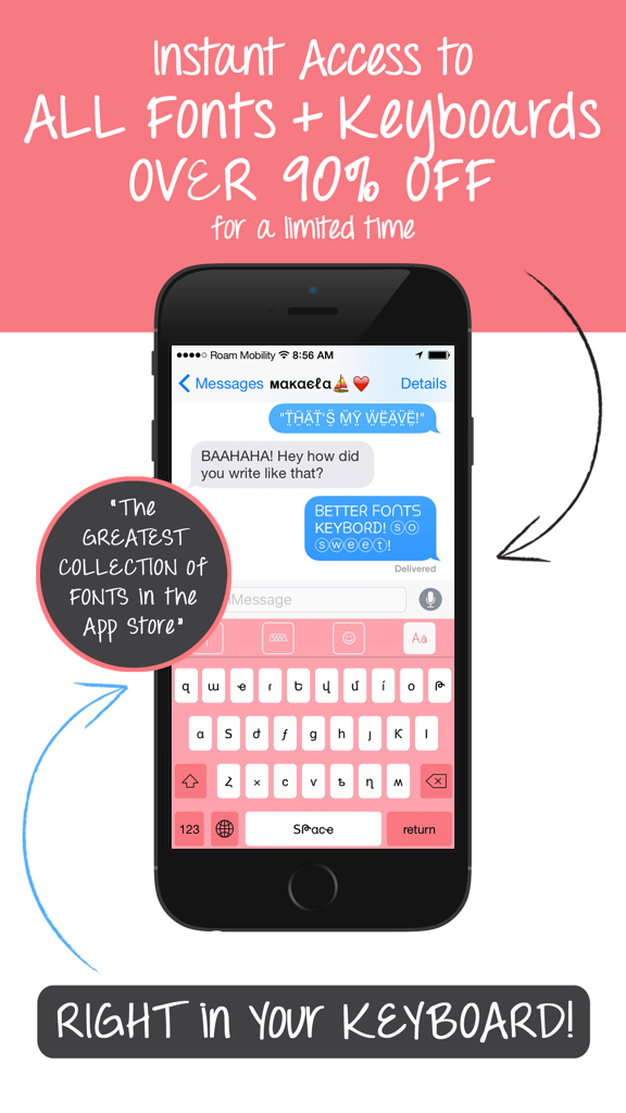 Better Font-s Pro - Better Font-s Pro app showcasing custom fonts and a pink keyboard on an iPhone screen