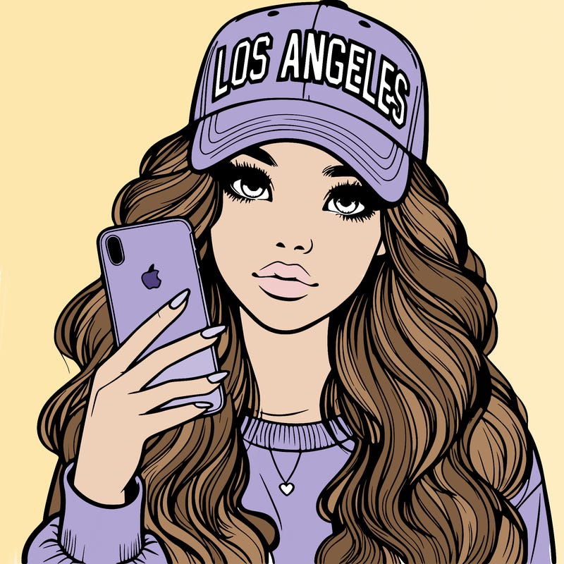realistic beautiful girl wearing los ángeles cap holding an iphone