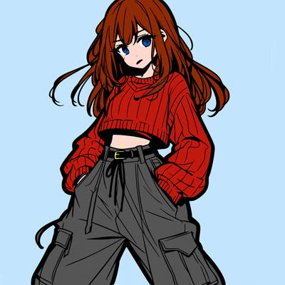 anime teen girl with baggy pants and crop top with sweater