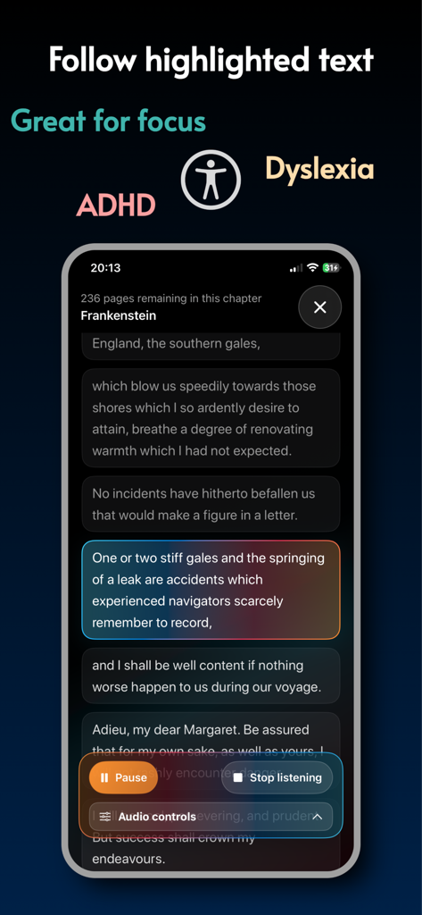Interfaz de la aplicación VoiceReader que muestra texto resaltado y controles de reproducción de audio diseñados para el apoyo a TDAH y dislexia.