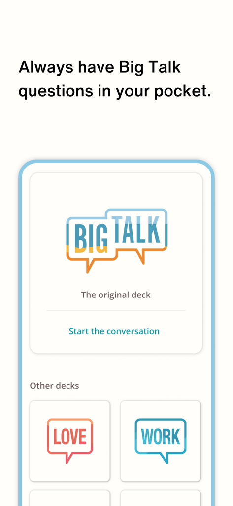 Big Talk App-Oberfläche mit dem ursprünglichen Fragen-Deck und Kategorieschaltflächen für Liebe und Arbeit.