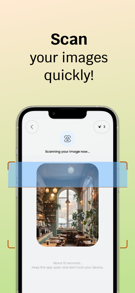 Uno schermo di smartphone che mostra l'app AI Home Designer che scansiona una foto della stanza per una rapida pianificazione degli interni.