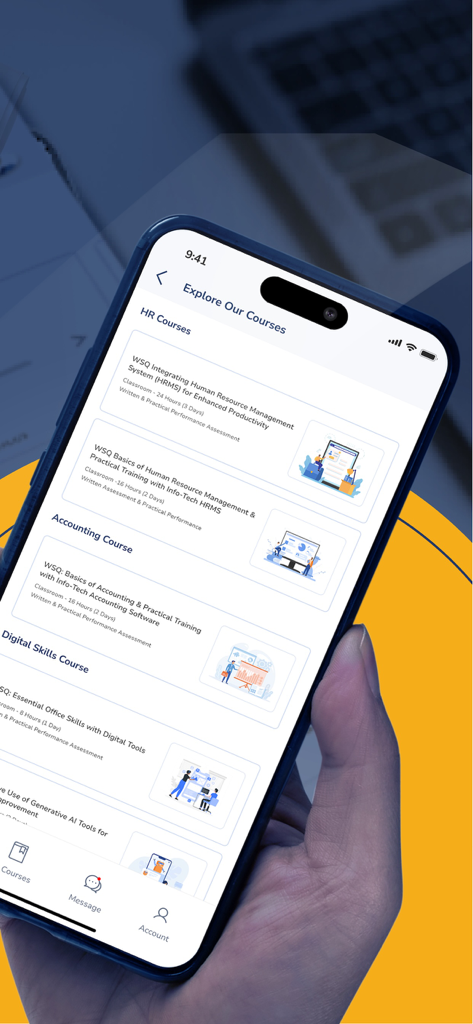 A hand holding a smartphone displaying a list of professional WSQ courses for HR and accounting on the Infotech Academy app.