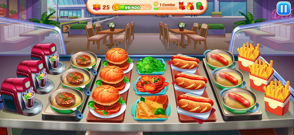 Food Voyage: Fun Cooking Game - ハンバーガー、ホットドッグ、フライドポテト、飲み物が並ぶキッチンカウンターを示すFood Voyageのゲームプレイ画面