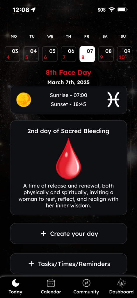 Le tableau de bord quotidien de l'application Lightbody Calendrier Lunaire de 13 Lunes montrant les données cosmiques et le suivi des cycles.
