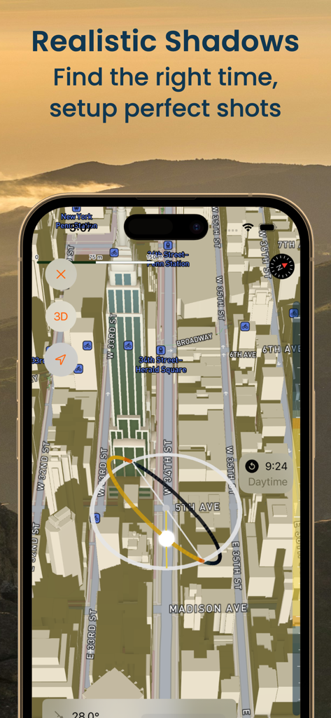 Sun Tracker SolarWatch - Sun Tracker SolarWatch app displaying realistic 3D shadows on a New York City map for photography planning