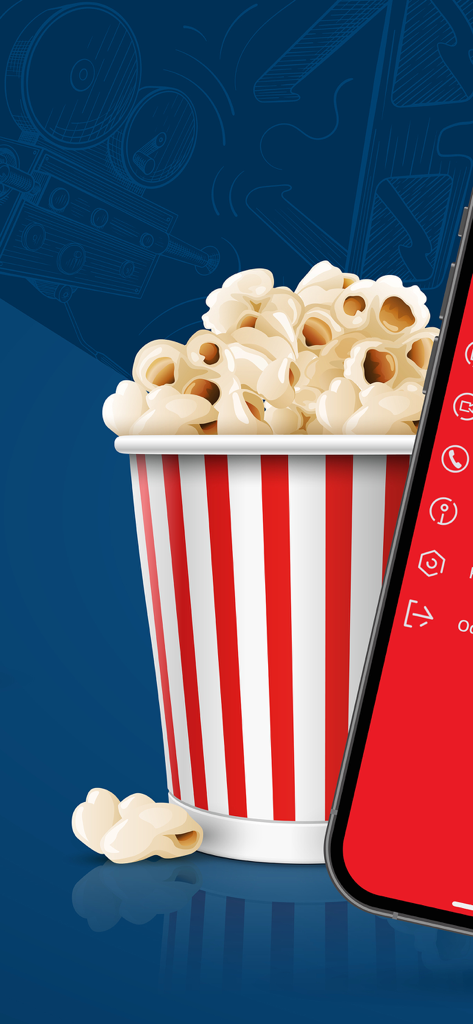 MTEL TV - Illustrationen von Popcorn und Filmutensilien auf blauem Hintergrund neben einem Smartphone, das die MTEL TV App anzeigt.
