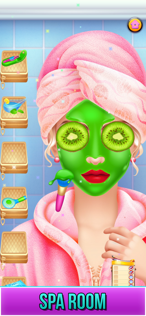 A girl character receiving a green face mask treatment with kiwi slices on her eyes in the spa room