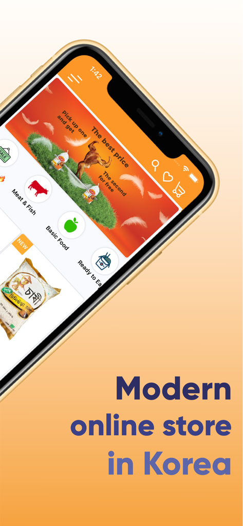 Bozoraka - 스마트폰 화면에 할랄 육류 및 기본 식품 항목 카테고리가 있는 Bozoraka 앱 인터페이스가 표시됨