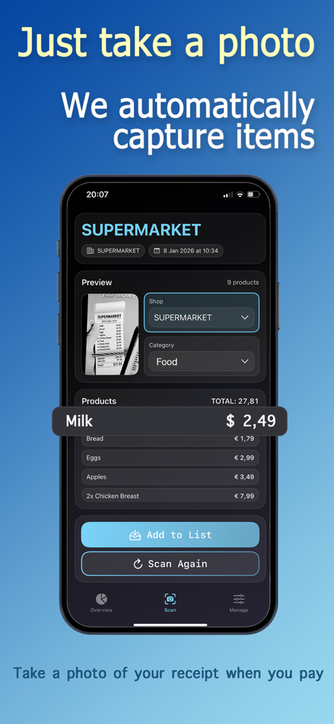 Receipt Scanner - Tracker Bill - iPhone screen showing automatic item capture from a scanned supermarket receipt