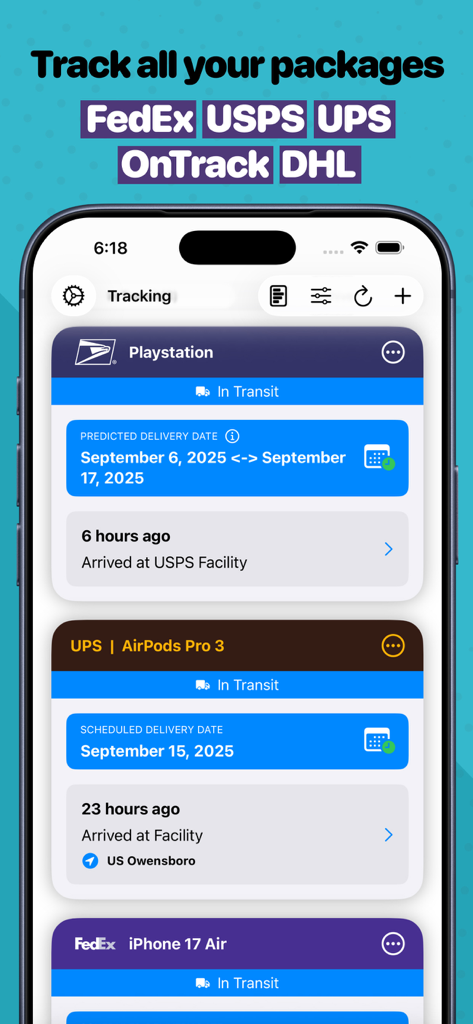 USPS, UPS 및 FedEx의 여러 활성 배송을 보여주는 iPhone의 Deliveries Package Tracker 앱 인터페이스
