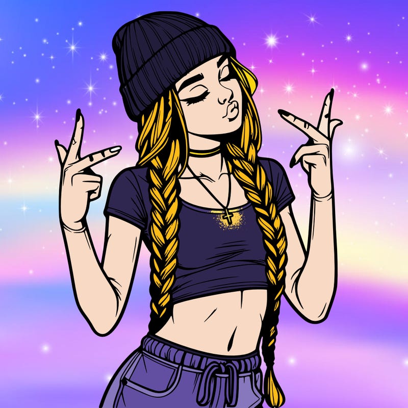 realistic teenage girl with braids and a beanie and crop top doing 🫶🏼