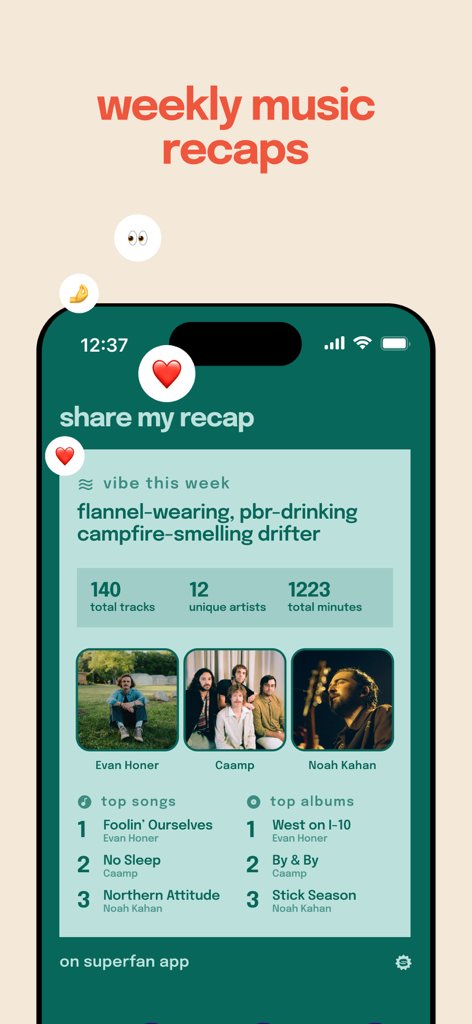 A mobile phone screen showing a weekly music recap from the Superfan app with personalized listening stats and artist photos