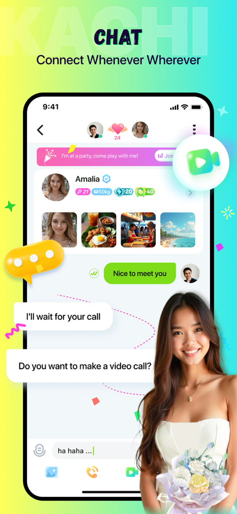 Captura de pantalla de la aplicación Kachi que muestra una ventana de chat con un usuario verificado y una solicitud de videollamada