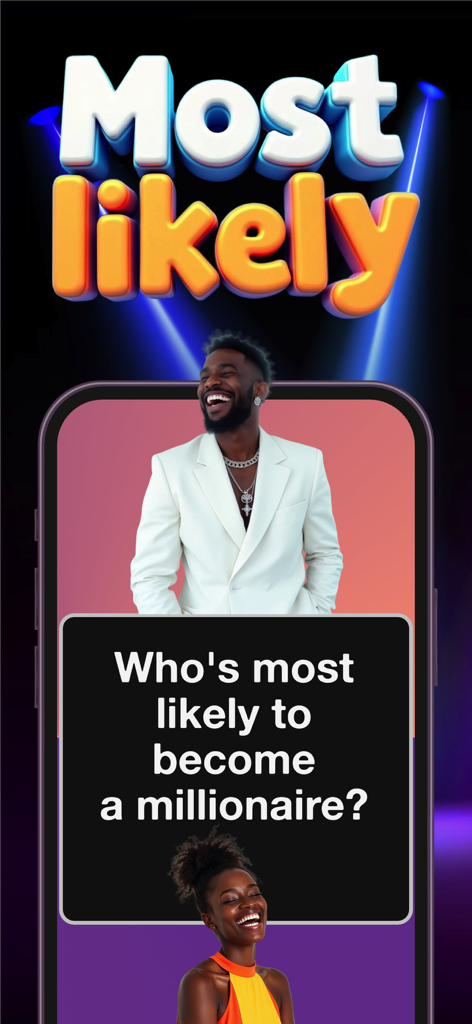 I have never ever +18 Dirty - Una captura de pantalla del modo de juego de fiesta 'El más probable' preguntando ¿Quién es el más probable que se convierta en millonario?.