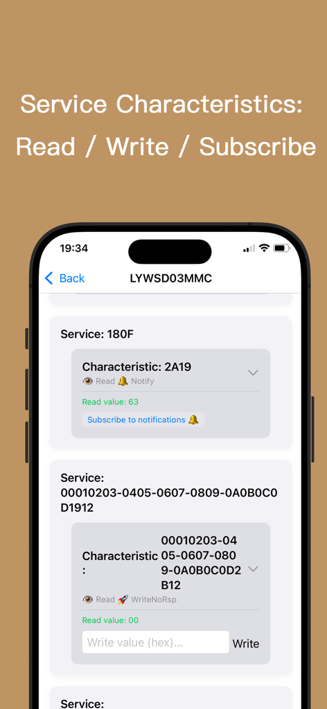 BLE蓝牙助手 - Interface do aplicativo BLE Debug Assistant mostrando características de serviço com funções de leitura, escrita e assinatura para um dispositivo Bluetooth