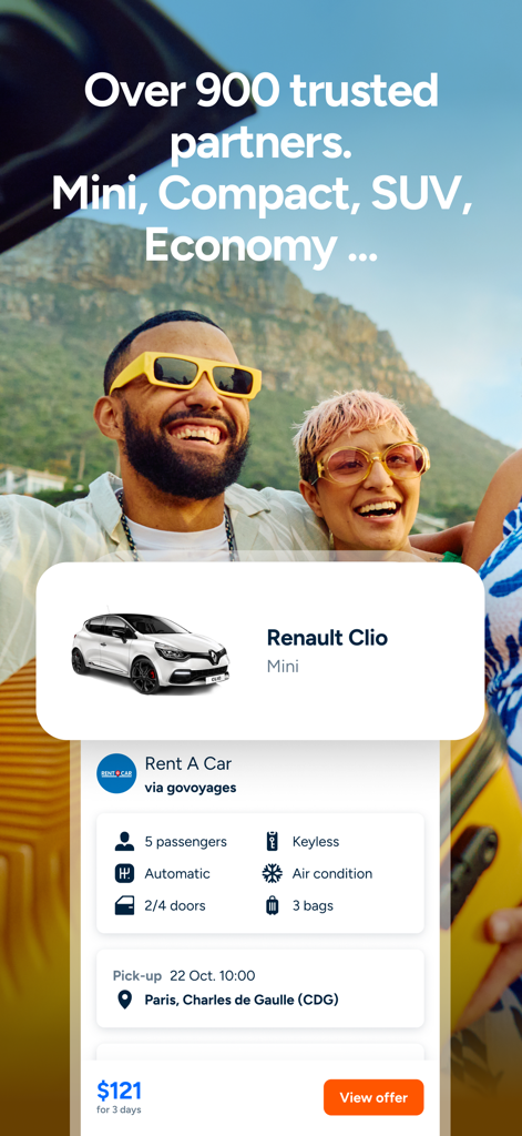 Interfaccia dell'app Liligo che mostra un'offerta di noleggio auto per una Renault Clio