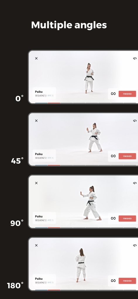 Dojo Athletics - Interfaz de la aplicación Dojo Athletics que muestra una secuencia de kata de karate desde cuatro ángulos de cámara diferentes para precisión técnica.