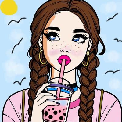 realistic girl with braided hair drinking boba