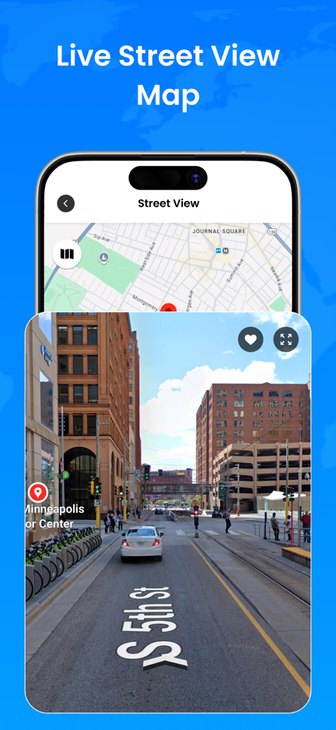 EarthX: 3D Map & Nearby Places - Interface do aplicativo EarthX mostrando uma visualização de rua ao vivo de uma rua da cidade com uma sobreposição de mapa de navegação em um iPhone