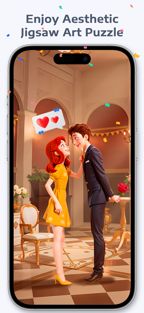 Jigsaw Art® - Puzzle Art Games - Um quebra-cabeça de arte de quebra-cabeça estético desenhado à mão apresentando um casal romântico e corações flutuantes.