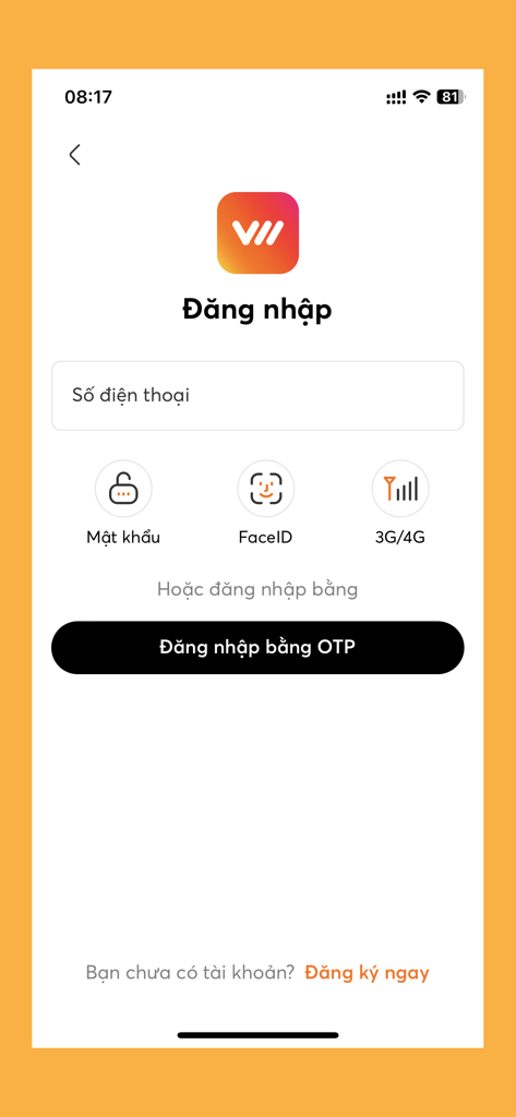 Vietnamobile - Vietnamobile mobile app login interface displaying options for phone number entry, FaceID, and OTP authentication.