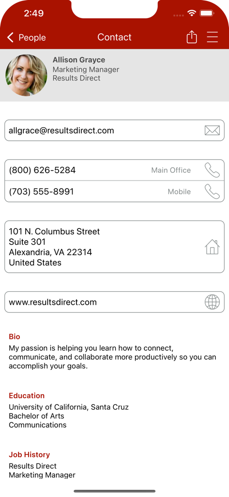 ENTConnect Mobile App - Professional contact profile screen in the ENTConnect mobile app featuring member details and networking information