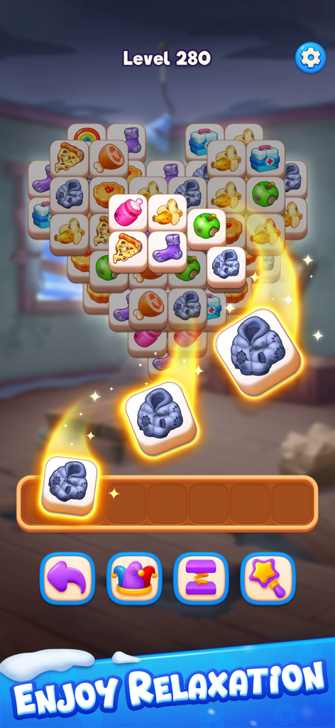 Gameplay of Dream Tile featuring a heart shaped puzzle and the text enjoy relaxation.