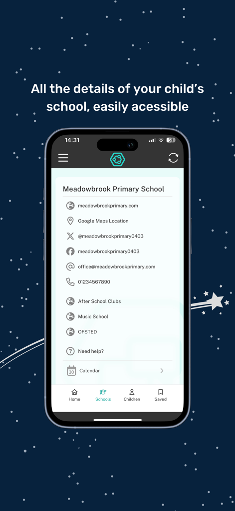 Eduspot - Eduspot mobile app interface displaying primary school contact details and social media links