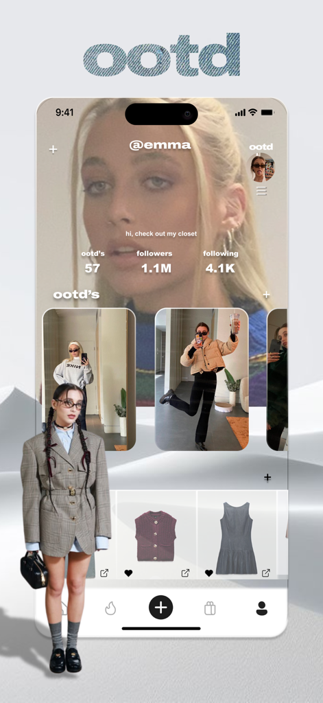 A user profile on the OOTD Fashion app displaying outfit inspiration and clothing items to shop.